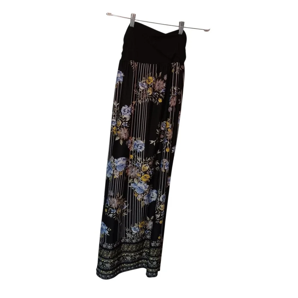 APT 9 Women's Strapless‎ Maxi Skirt XL Black Floral Boho Stretch Summer Pull On